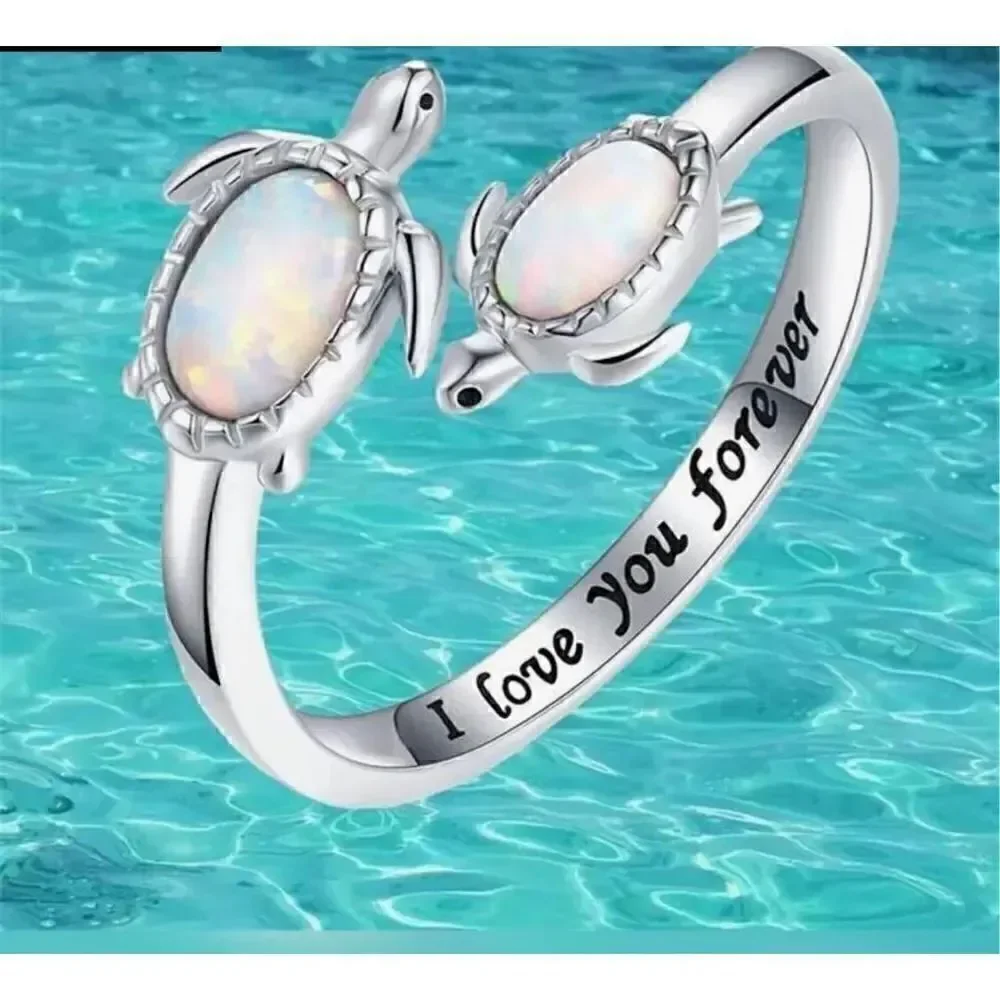 Mother And Child Turtle Ring, Adjustable Sea Turtle Ring Engraved I love you for